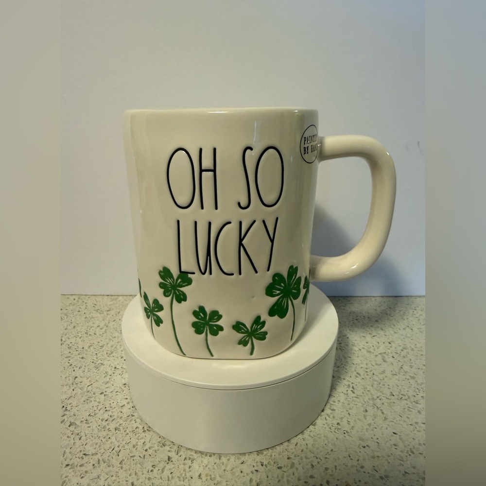 RAE DUNN White Mug with Green Clover "Oh So Lucky"